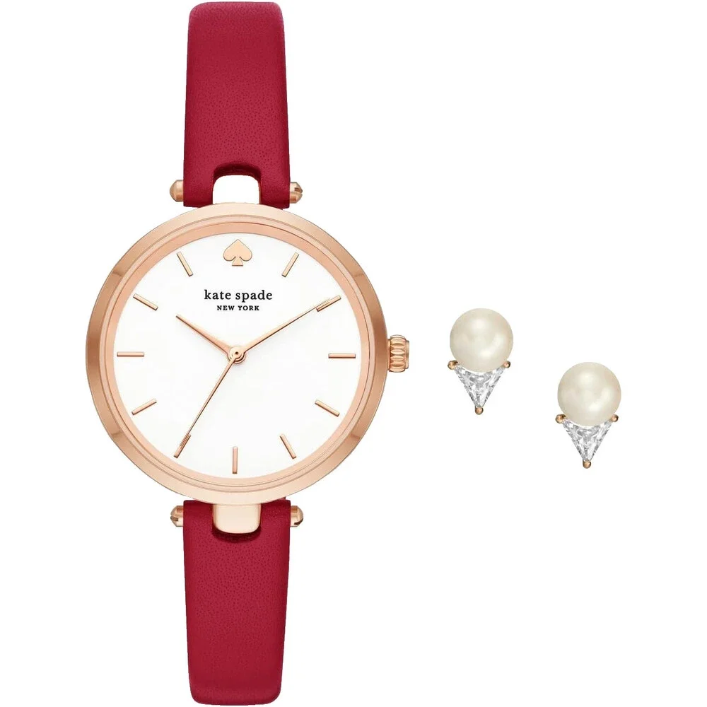 KATE SPADE ANNADALE KSW9044SET WHITE DIAL RED LEATHER STRAP WOMENS WATCH BOX SET